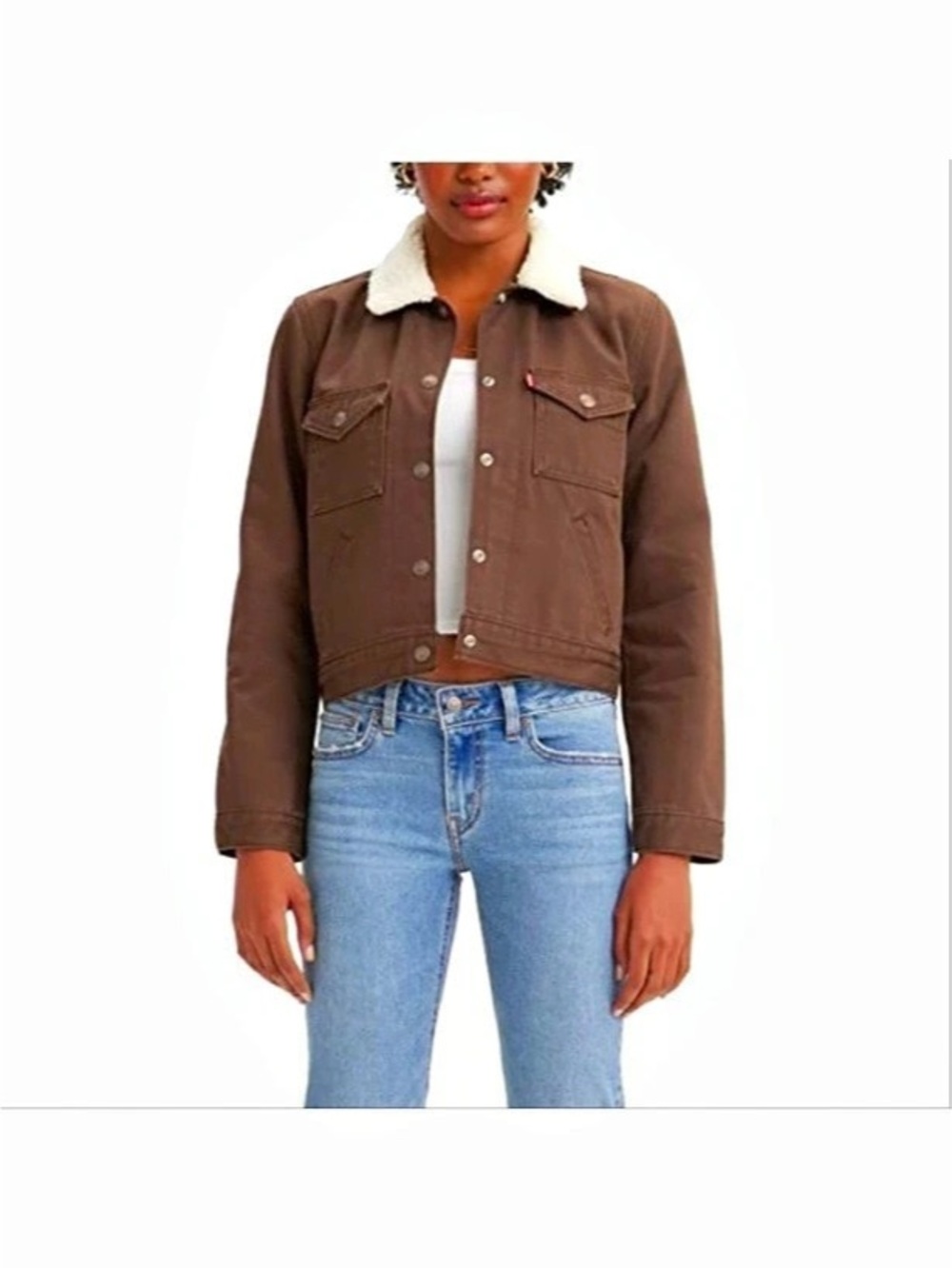 Levi’s Cropped OG Snap Sherpa Trucker Jacket Dark Brown & White Size Large EUC